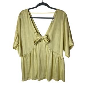 Asos Womens Tunic Top 8 Green Rayon Kimono Sleeve Tie Front Babydoll Boho Blouse